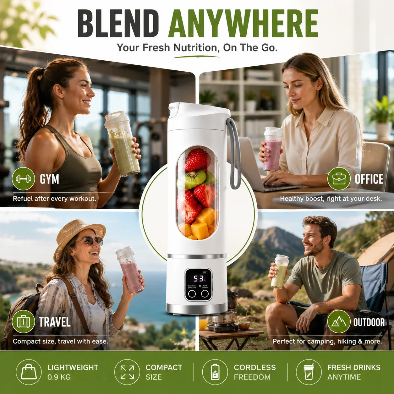 Purpose-Built Portable USB Blender with LED Display - Smoothies &