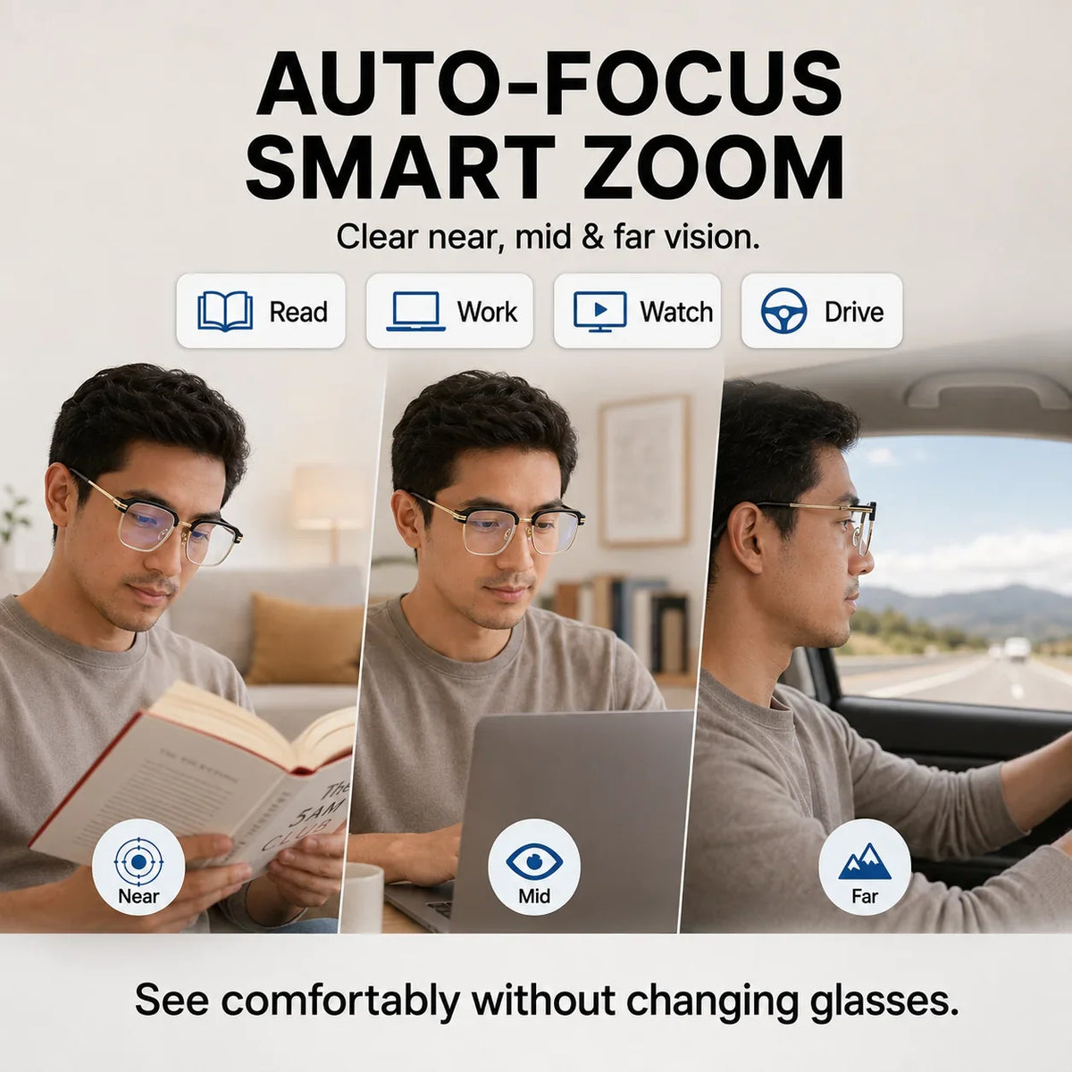 Decorative Smart Zoom Reading Glasses – Auto Adjust Focus & Blue