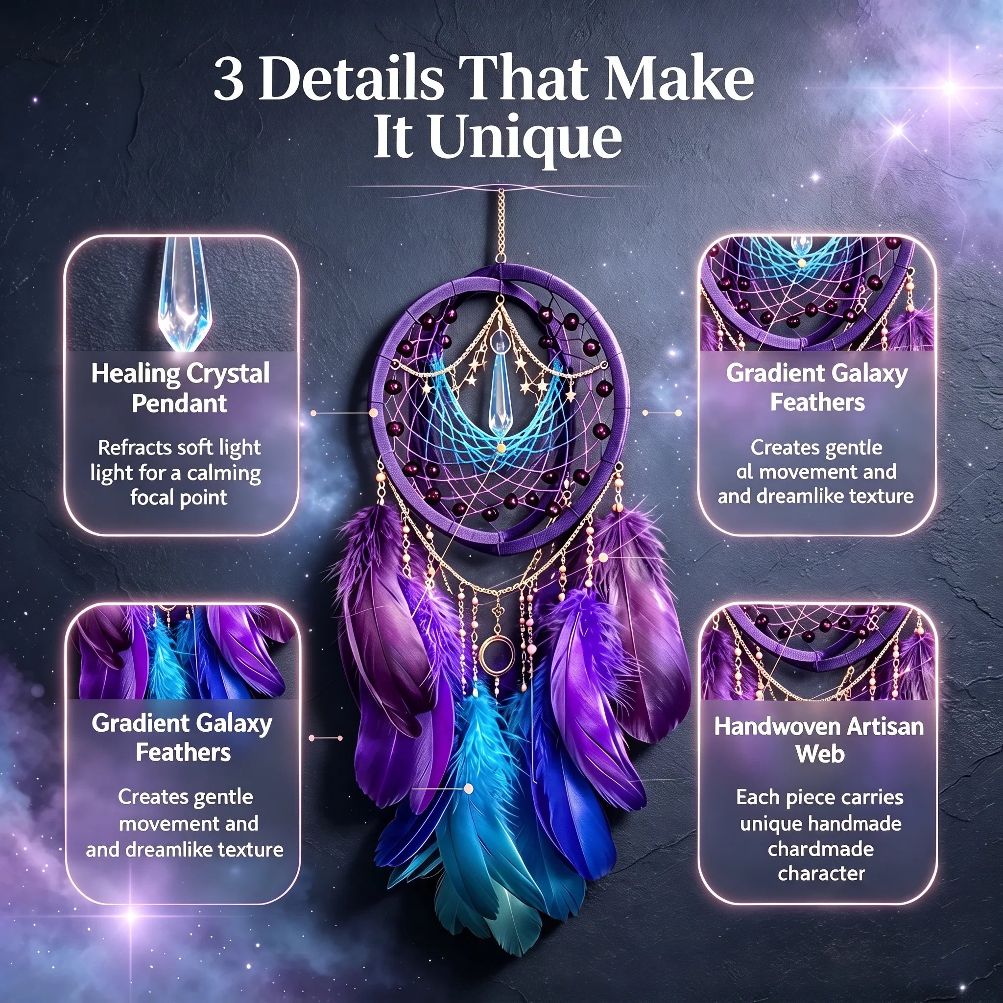 Pet-Friendly Cosmic Crystal Dreamcatcher – Gradient Feather Wall