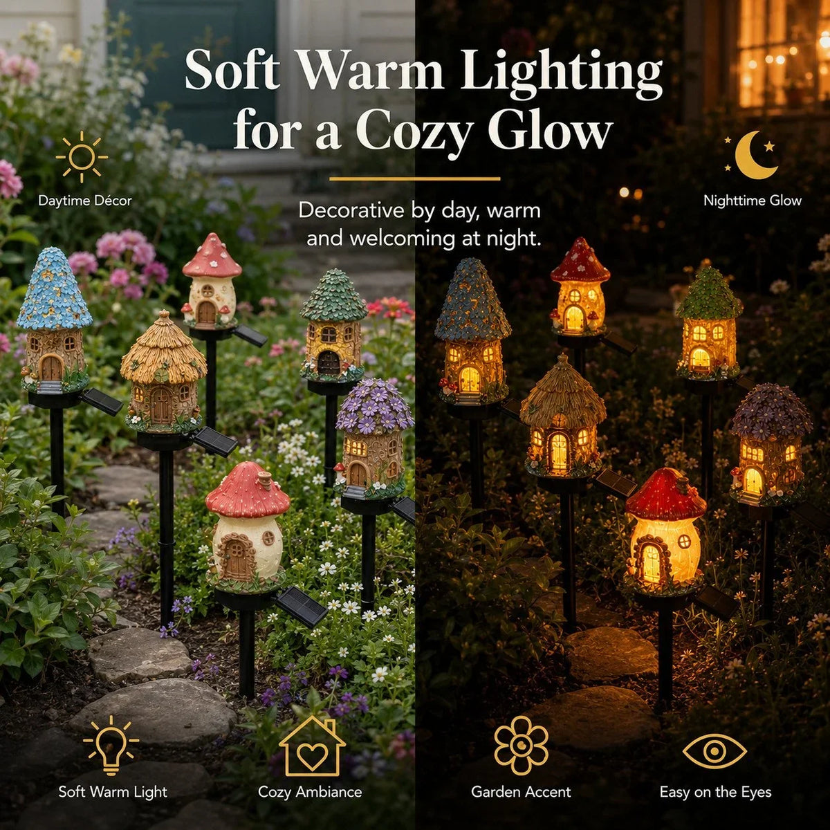 Solar Fairy-Tale Mushroom Cottage Light for Garden Displays