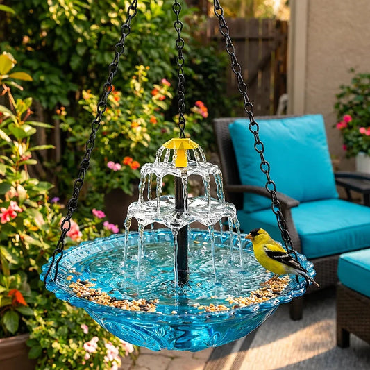 Hanging Solar Fountain with Cascading Bowls for Visiting Birds