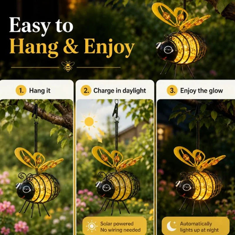 Outdoor Hanging Solar Bee Light – Warm Amber Glow, Flicker- , Garden