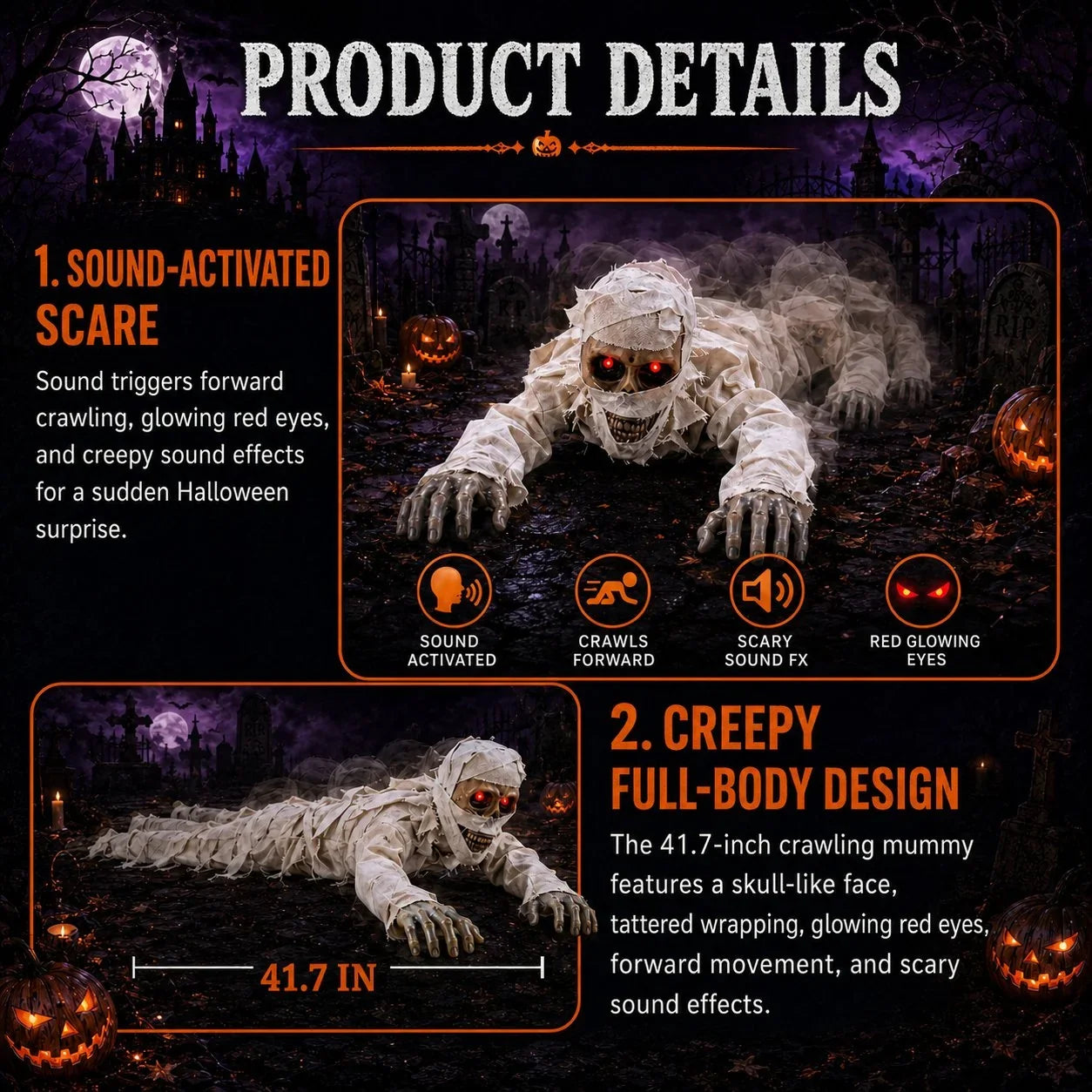 Purpose-Built Sound-Activated Animated Crawling Mummy with Glowing