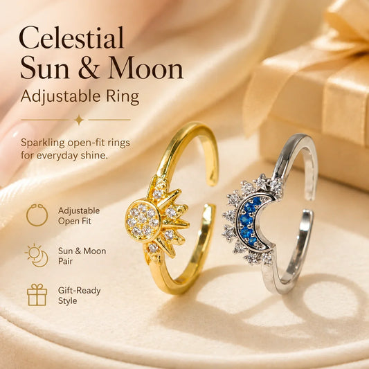Distinctive Celestial Sun & Moon Adjustable Ring Set – Sparkling