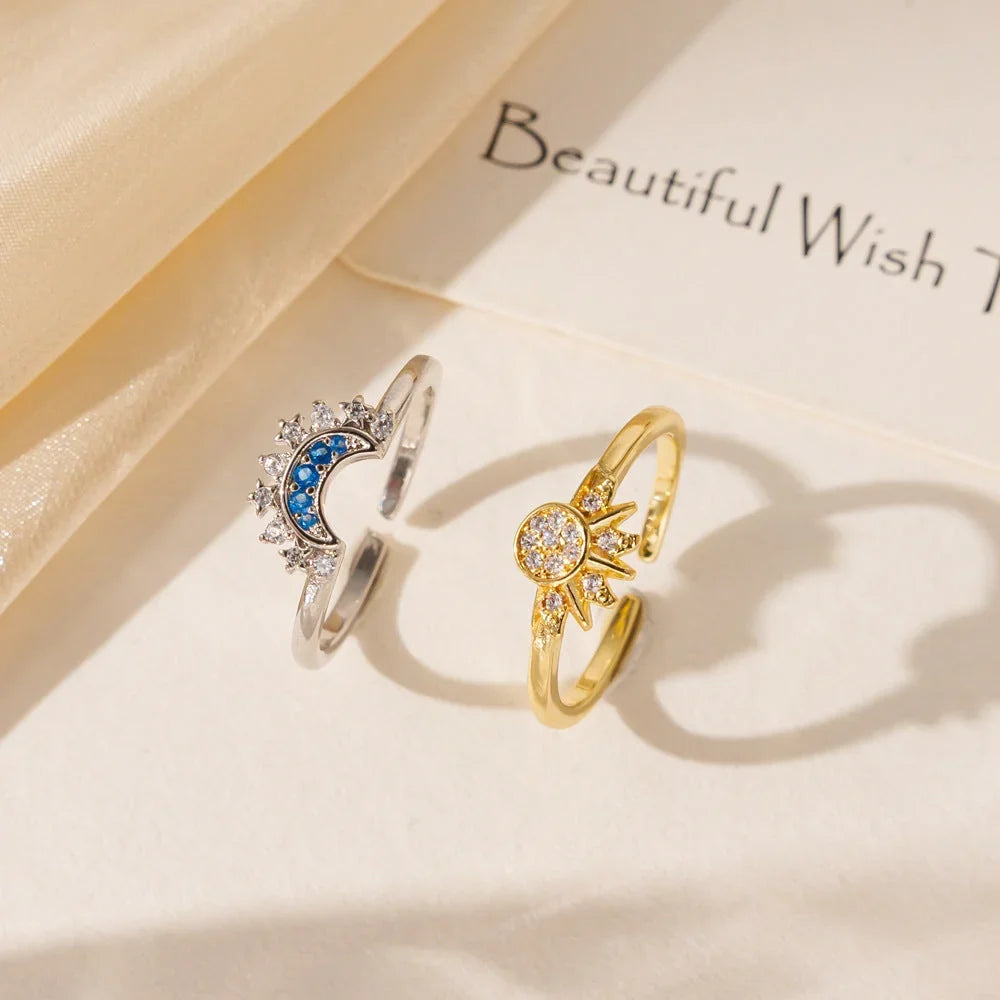 Distinctive Celestial Sun & Moon Adjustable Ring Set – Sparkling