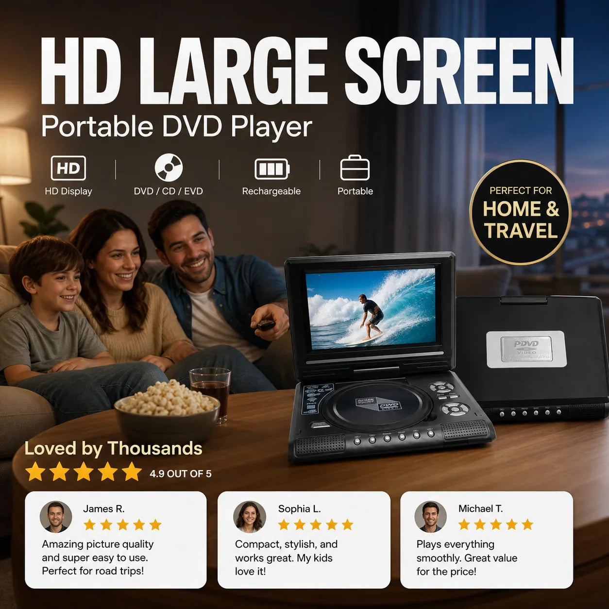 Purpose-Built 7.8" HD Portable DVD/EVD Player – Large Screen