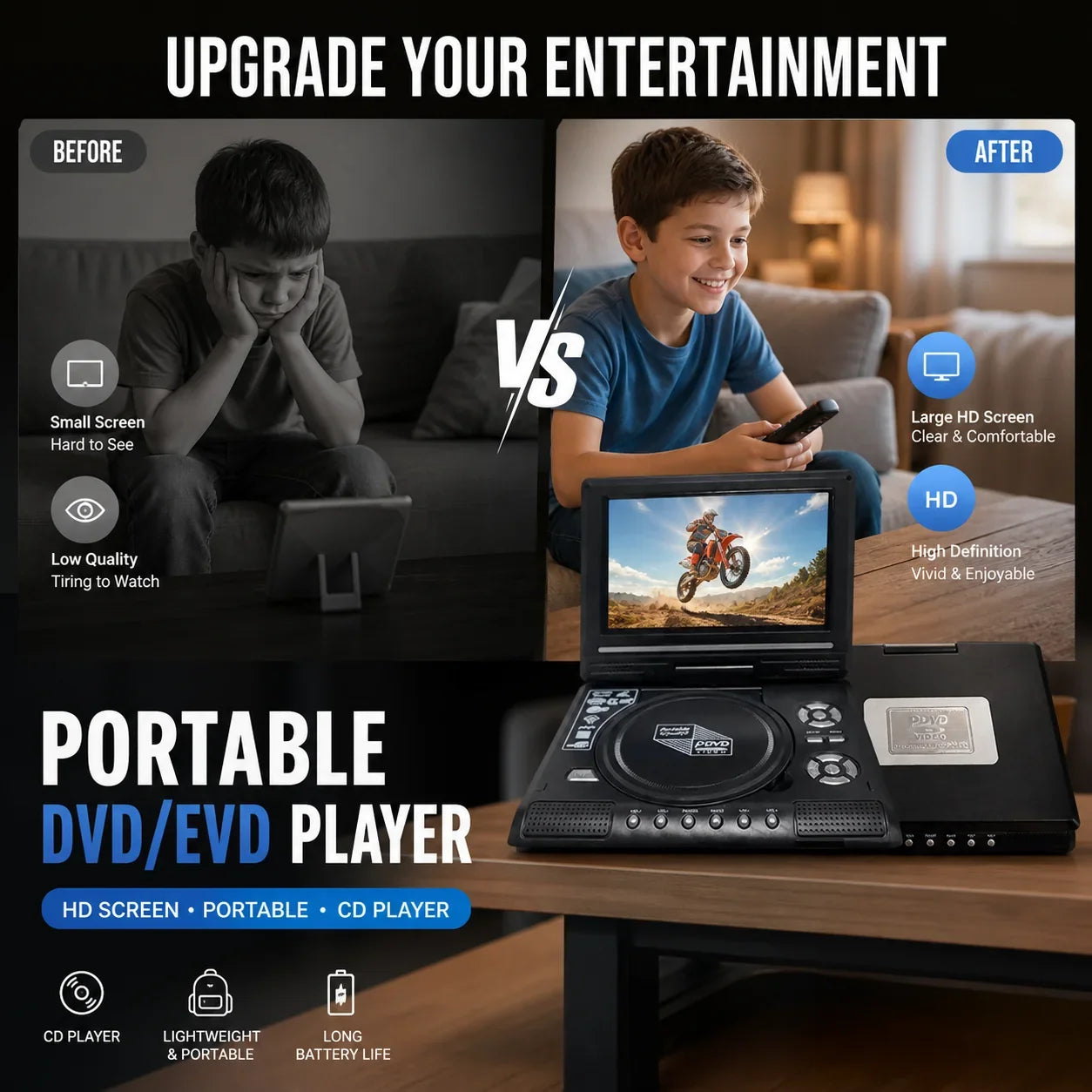 Purpose-Built 7.8" HD Portable DVD/EVD Player – Large Screen