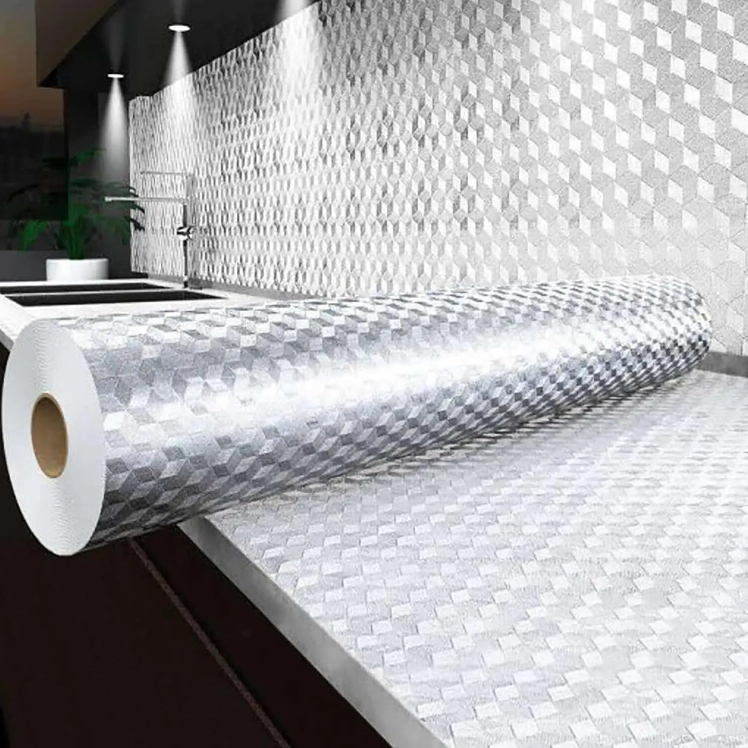 Stainless-Steel Look Oil-Resistant Adhesive Kitchen Wallpaper