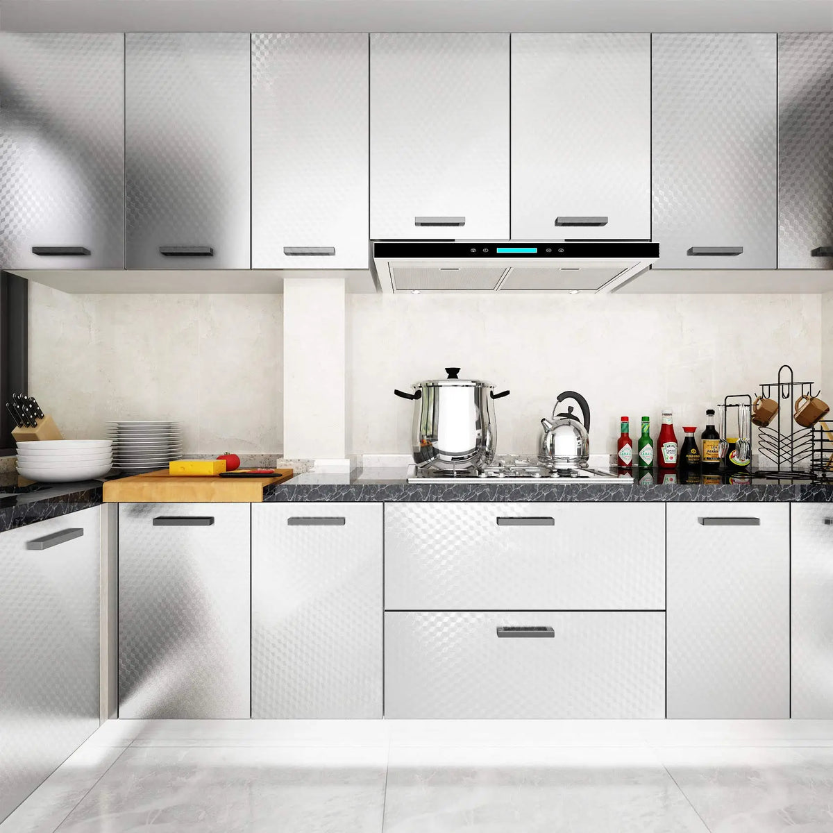 Stainless-Steel Look Oil-Resistant Adhesive Kitchen Wallpaper