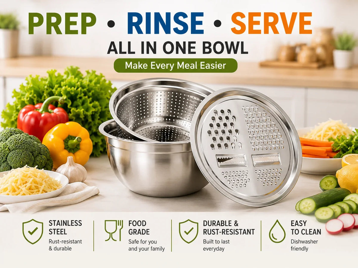 Purpose-Built 3-in-1 Stainless Steel Grater Bowl & Colander