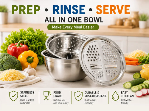 Purpose-Built 3-in-1 Stainless Steel Grater Bowl & Colander