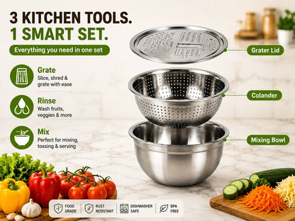 Purpose-Built 3-in-1 Stainless Steel Grater Bowl & Colander