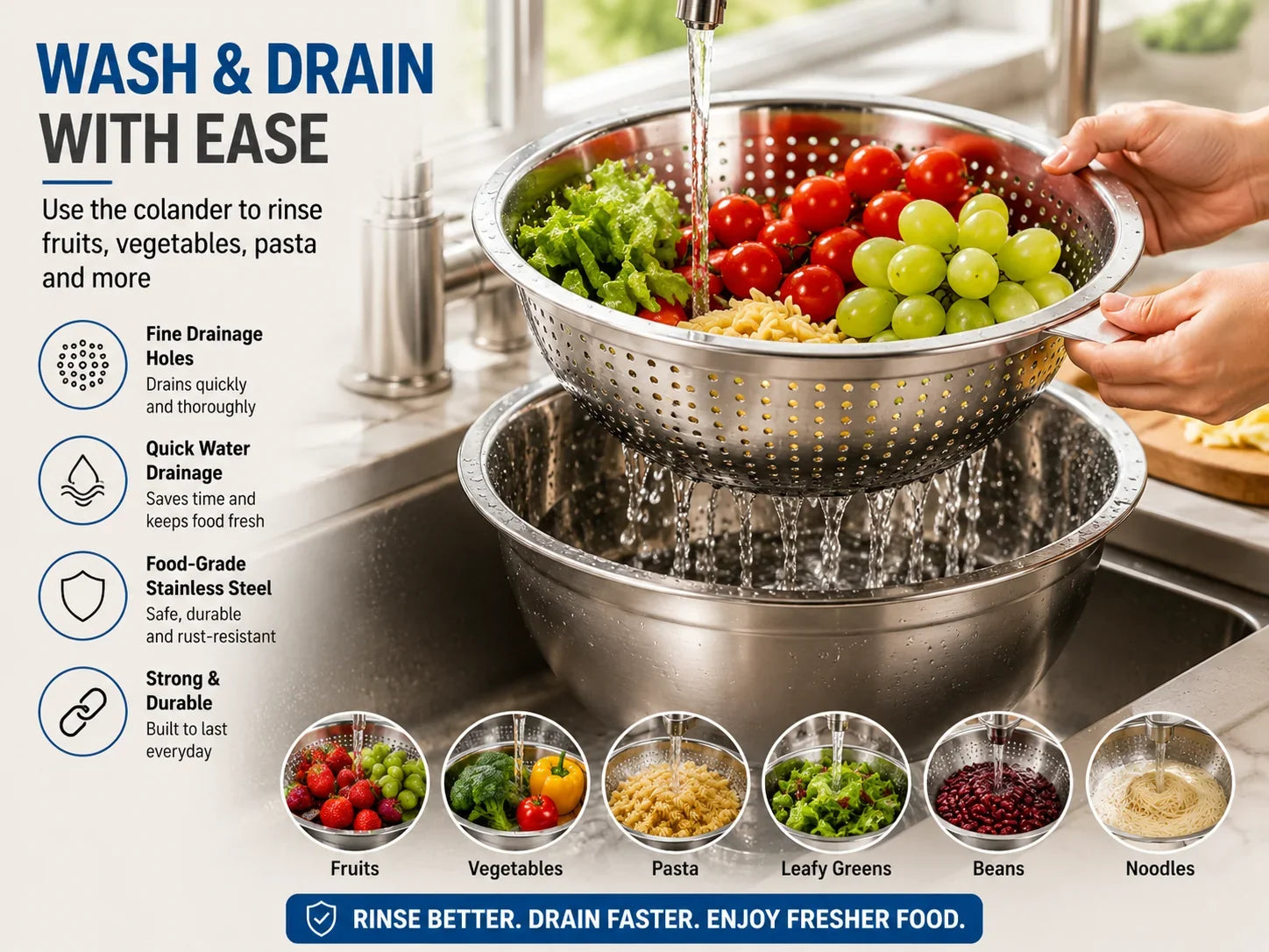 Purpose-Built 3-in-1 Stainless Steel Grater Bowl & Colander