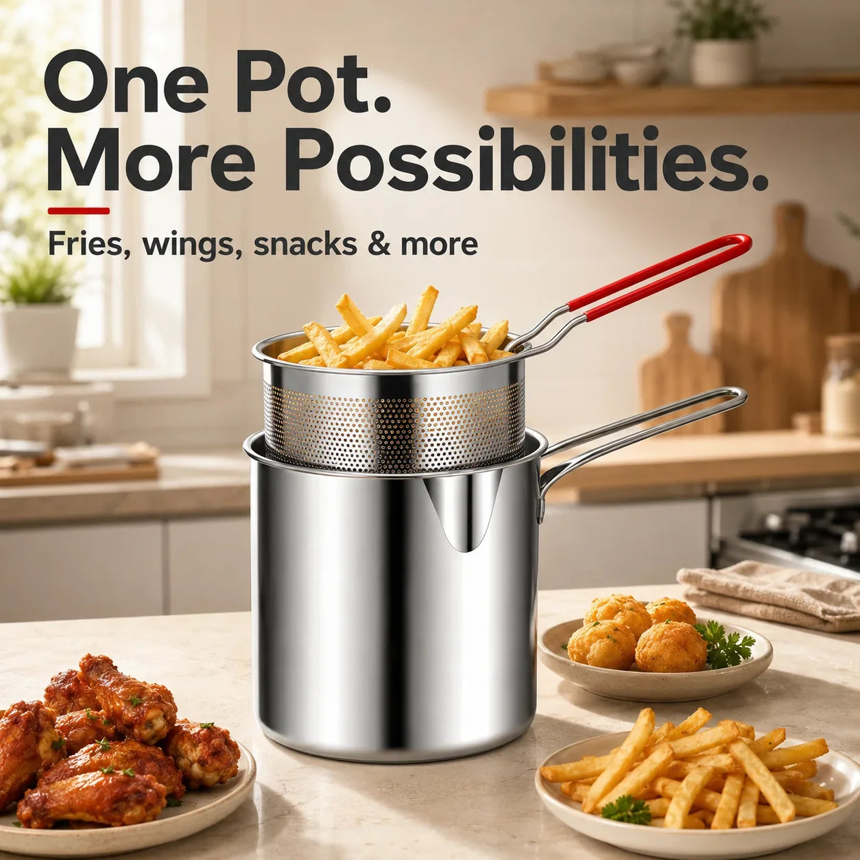 Personal Stainless Steel Mini Deep Fryer with Basket and Food Tongs