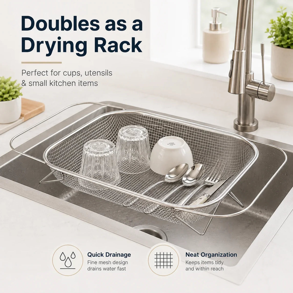 Space-Saving Expandable Over-the-Sink Strainer
