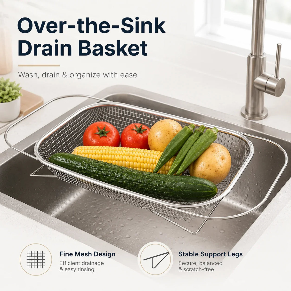 Space-Saving Expandable Over-the-Sink Strainer