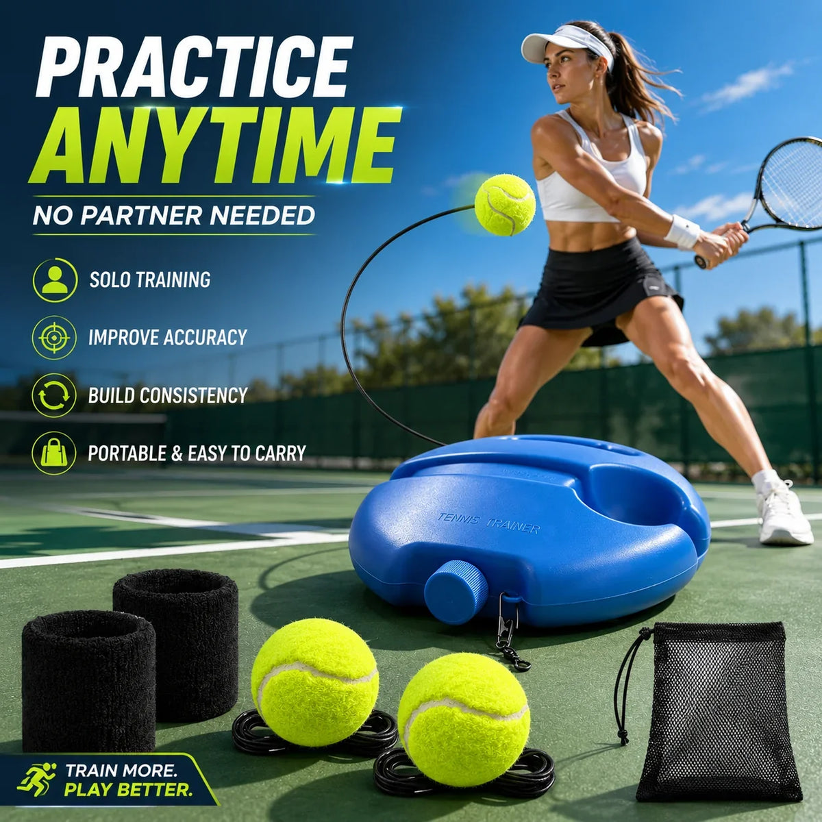 Purpose-Built Solo Tennis Trainer Rebound Set – Practice Anytime, No