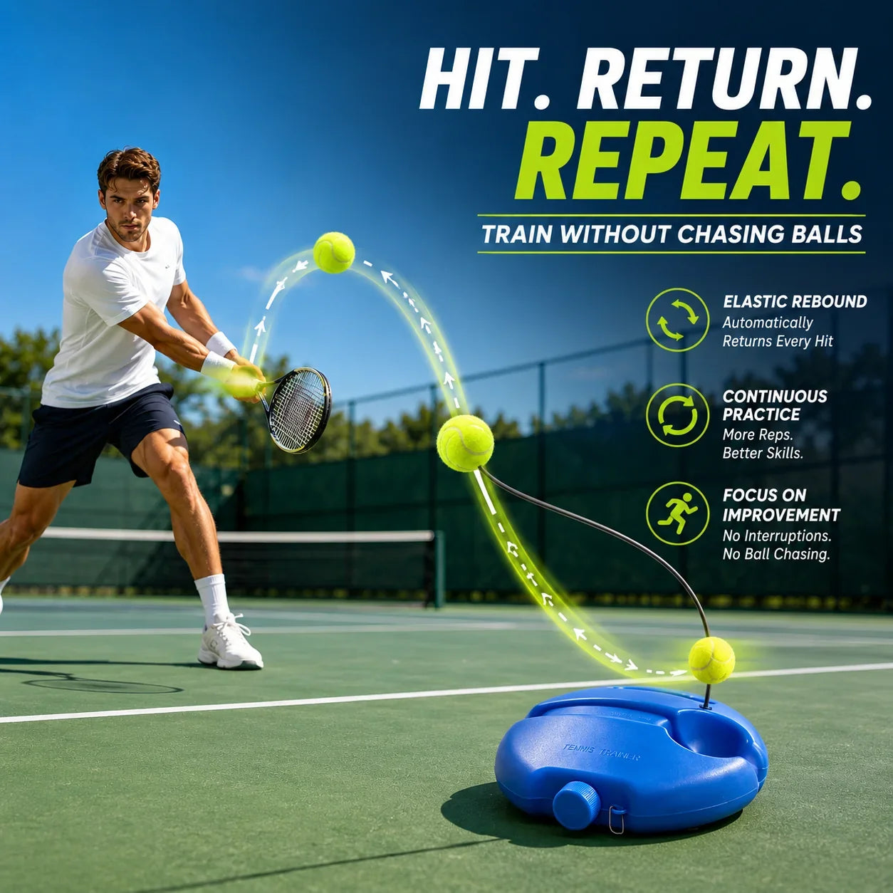 Purpose-Built Solo Tennis Trainer Rebound Set – Practice Anytime, No