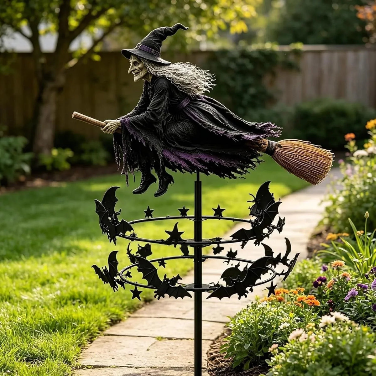 Kinetic Witch Silhouette Spinner for an Enchanted Garden