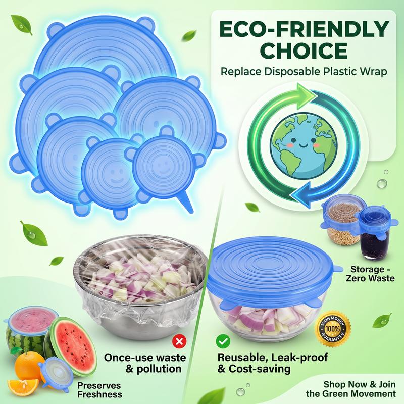 Practical Universal Reusable Silicone Lids – 6-Pack Self-Sealing Food