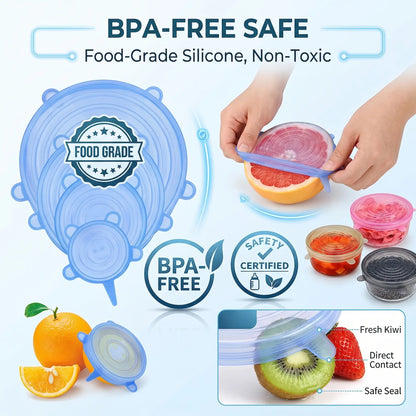 Practical Universal Reusable Silicone Lids – 6-Pack Self-Sealing Food