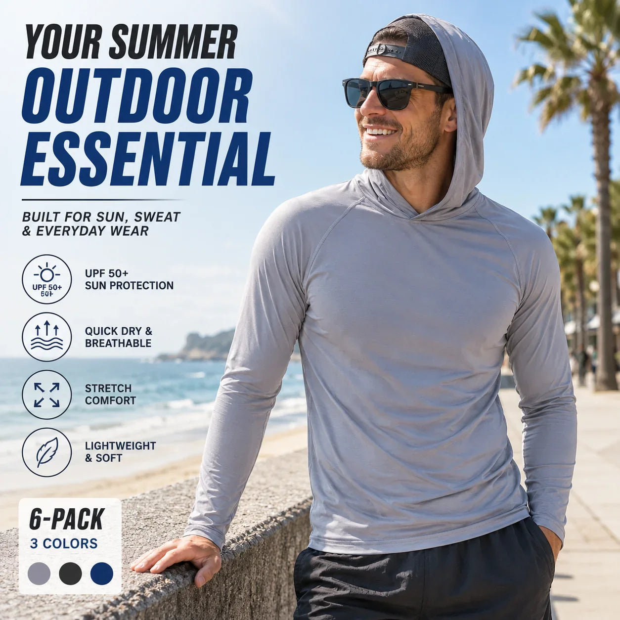 Men's UPF 50+ Quick-Dry Lightweight Active Hoodies, 6-Piece Pack