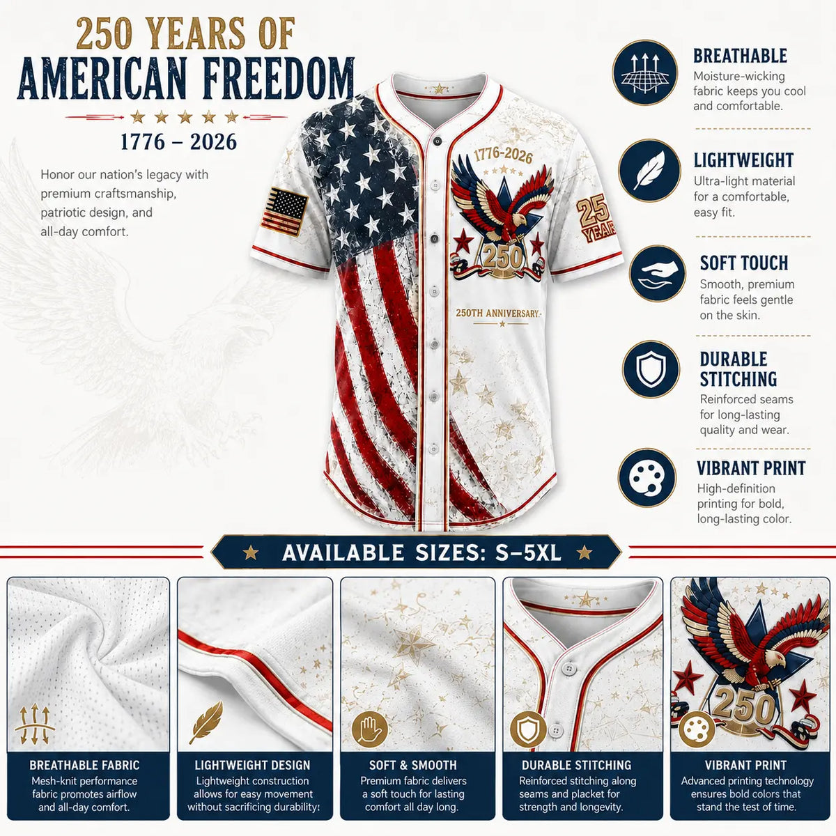 Distinctive USA 250 Years Of dom Baseball Jersey-Patriotic Eagle