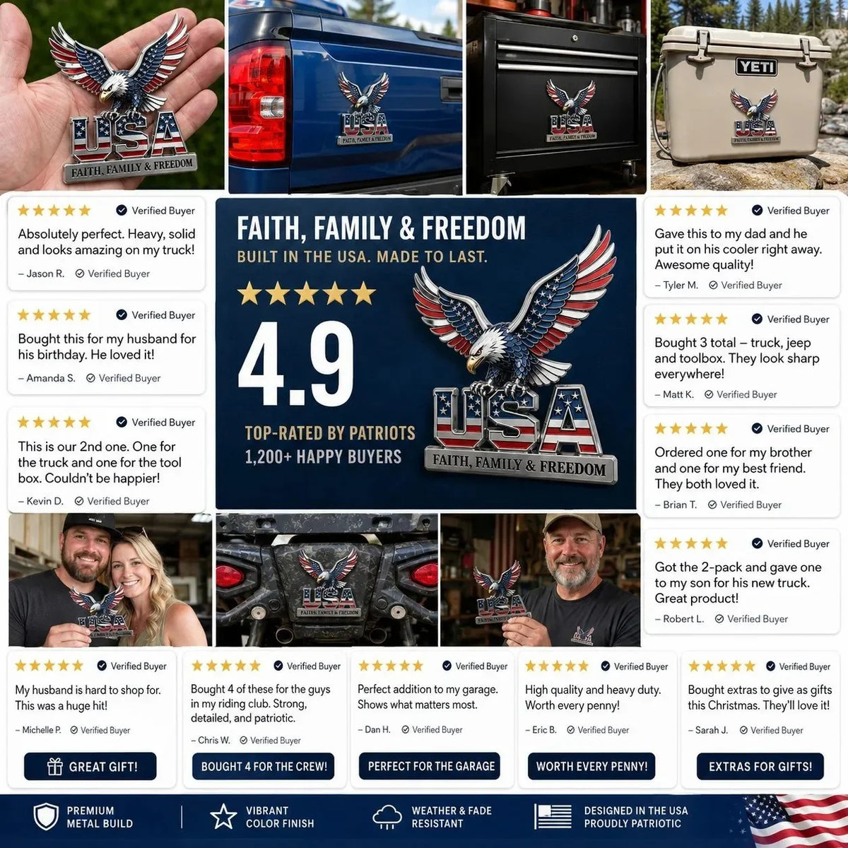 Purpose-Built USA Faith, Family & dom Metal Emblem for Everyday Use