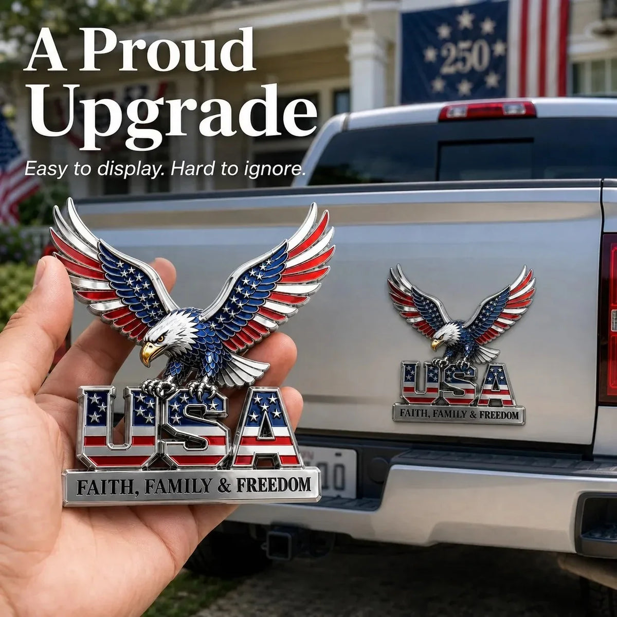 Purpose-Built USA Faith, Family & dom Metal Emblem for Everyday Use