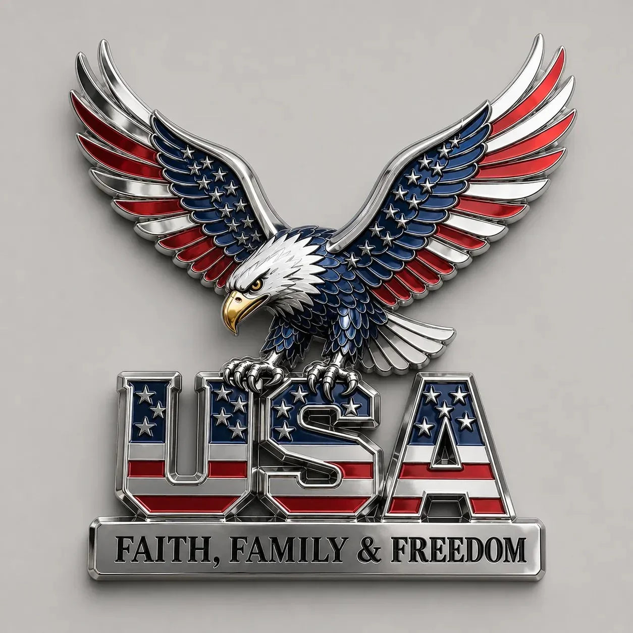 Purpose-Built USA Faith, Family & dom Metal Emblem for Everyday Use