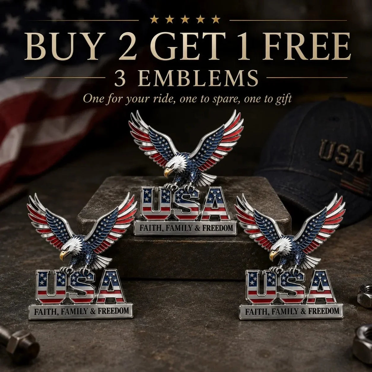 Purpose-Built USA Faith, Family & dom Metal Emblem for Everyday Use