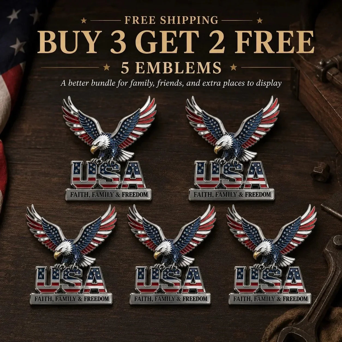 Purpose-Built USA Faith, Family & dom Metal Emblem for Everyday Use