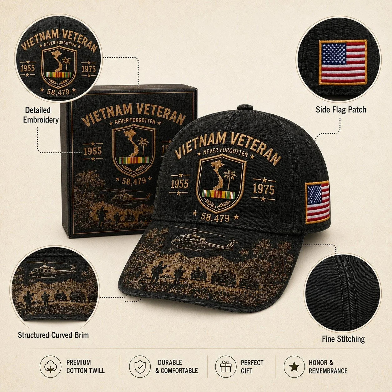 1955–1975 Vietnam Veteran Remembrance Embroidered Cap