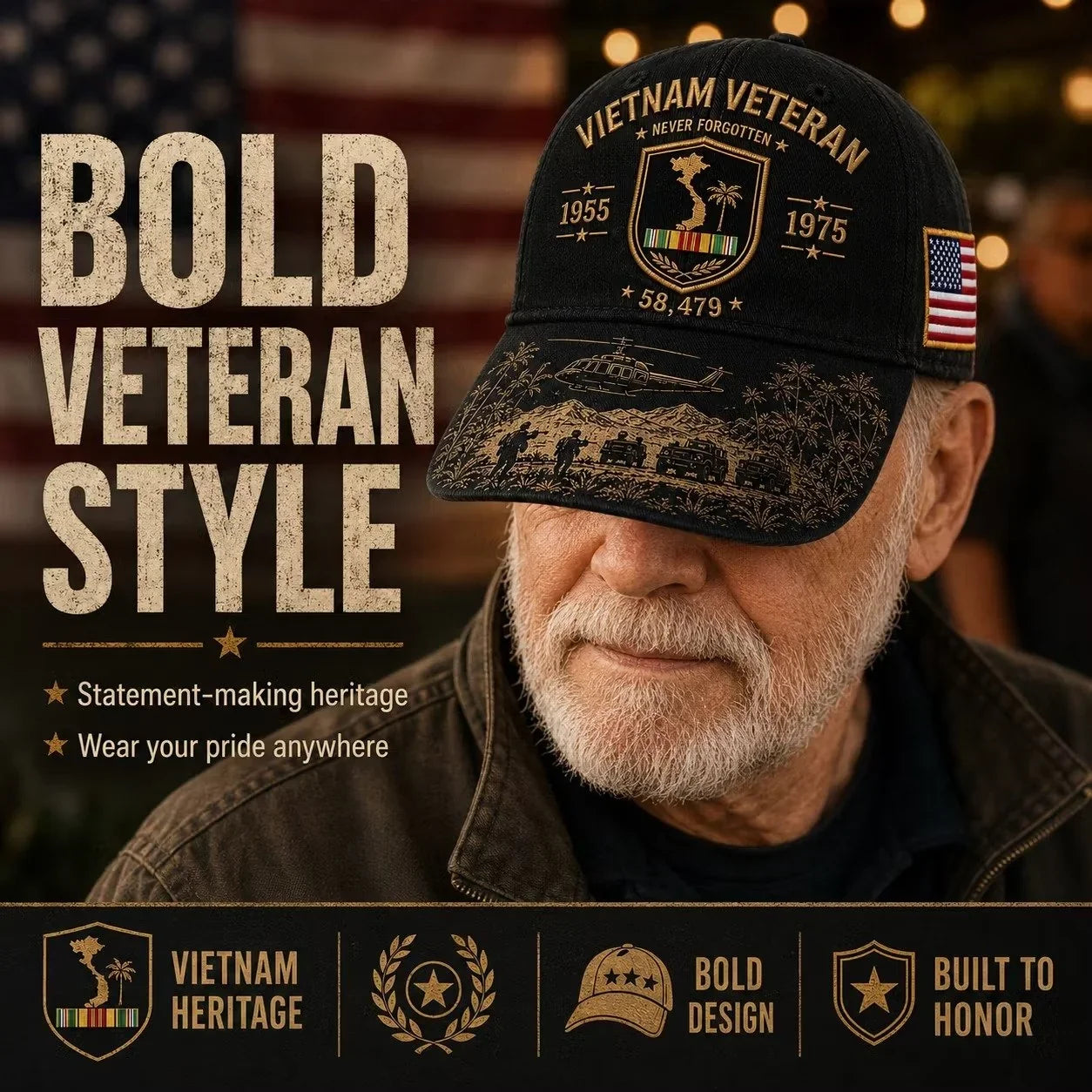 1955–1975 Vietnam Veteran Remembrance Embroidered Cap