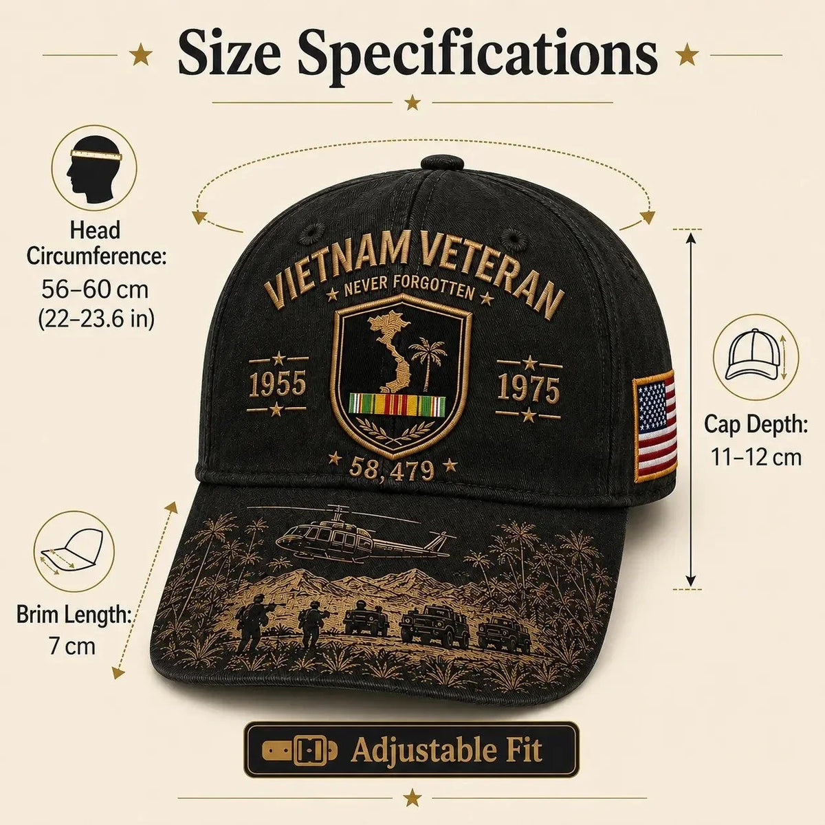 1955–1975 Vietnam Veteran Remembrance Embroidered Cap