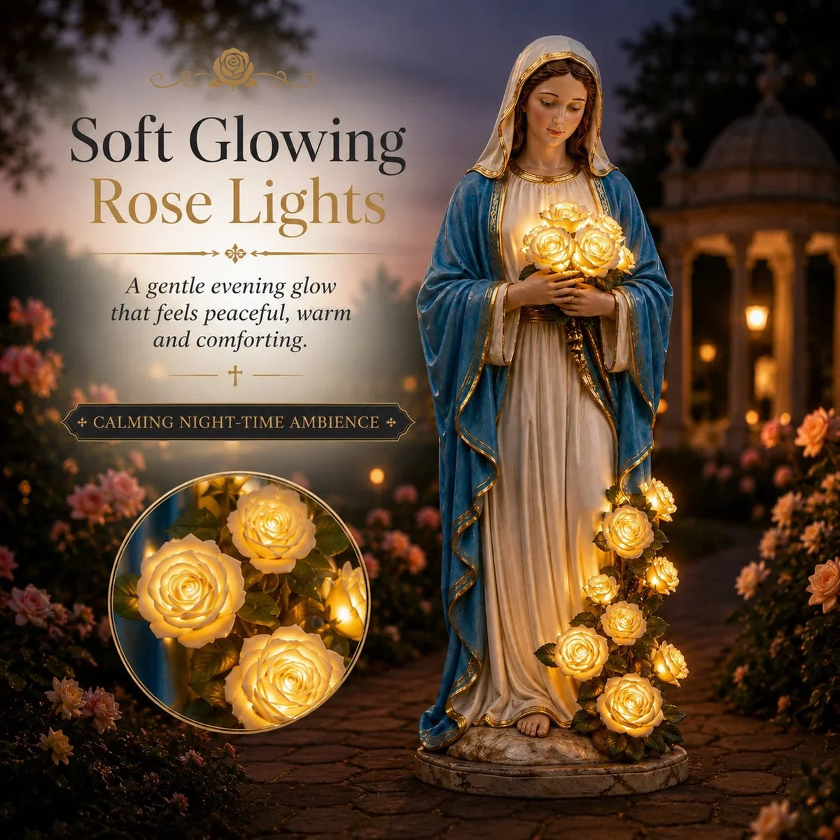 Solar Virgin Mary Garden Light with Glowing Rose Accents