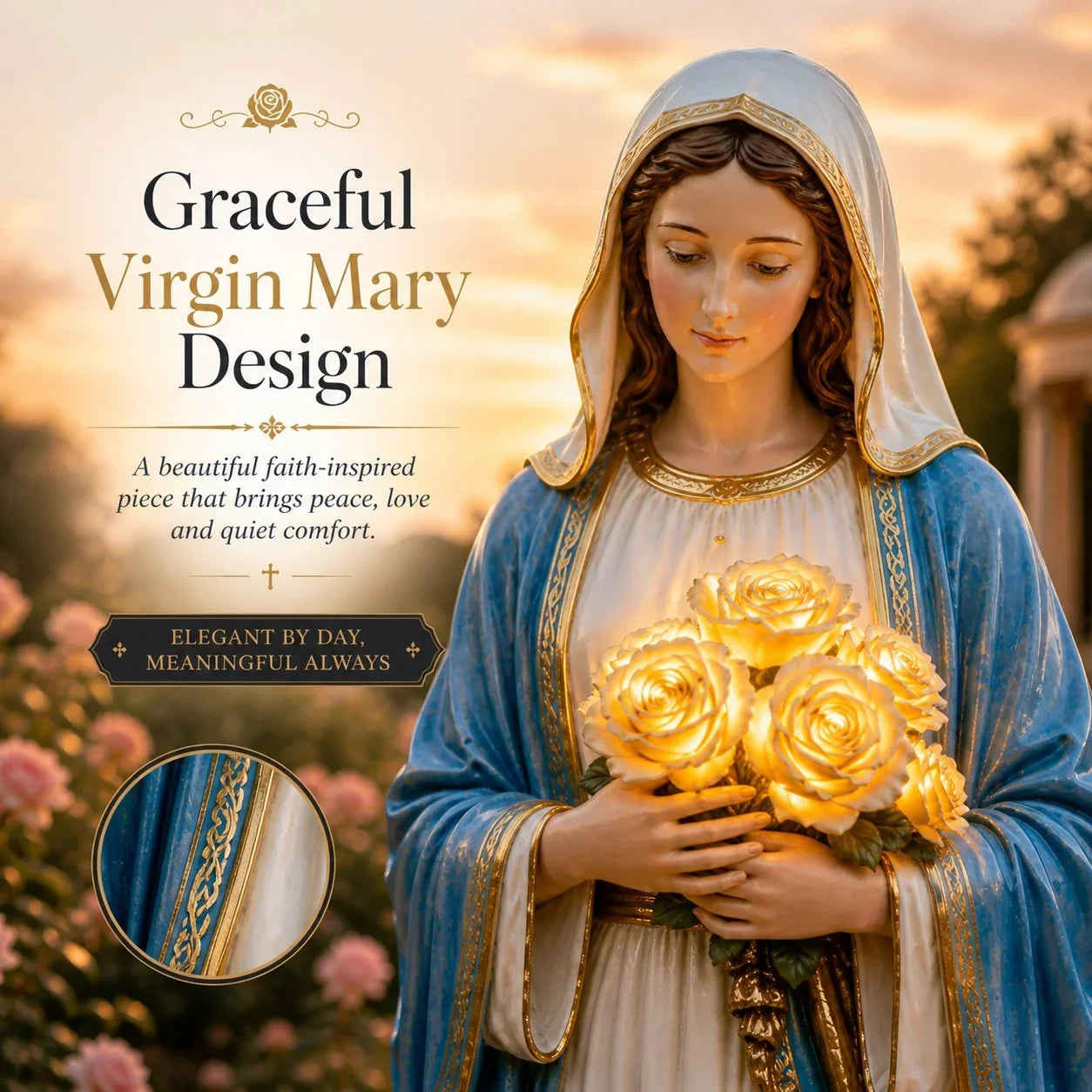 Solar Virgin Mary Garden Light with Glowing Rose Accents