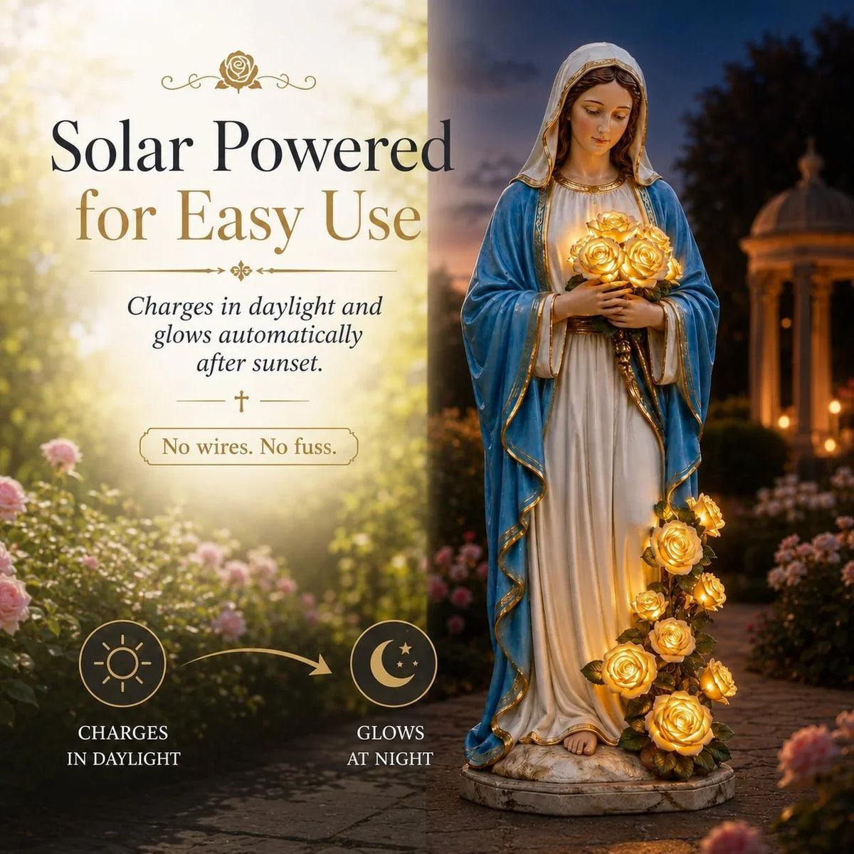 Solar Virgin Mary Garden Light with Glowing Rose Accents