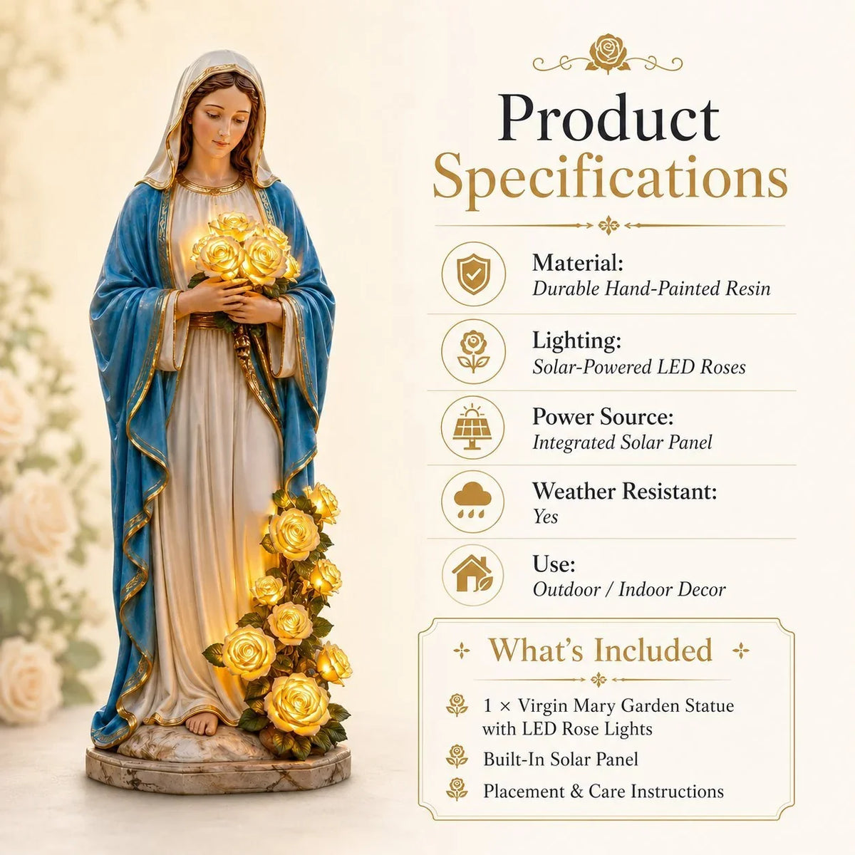 Solar Virgin Mary Garden Light with Glowing Rose Accents