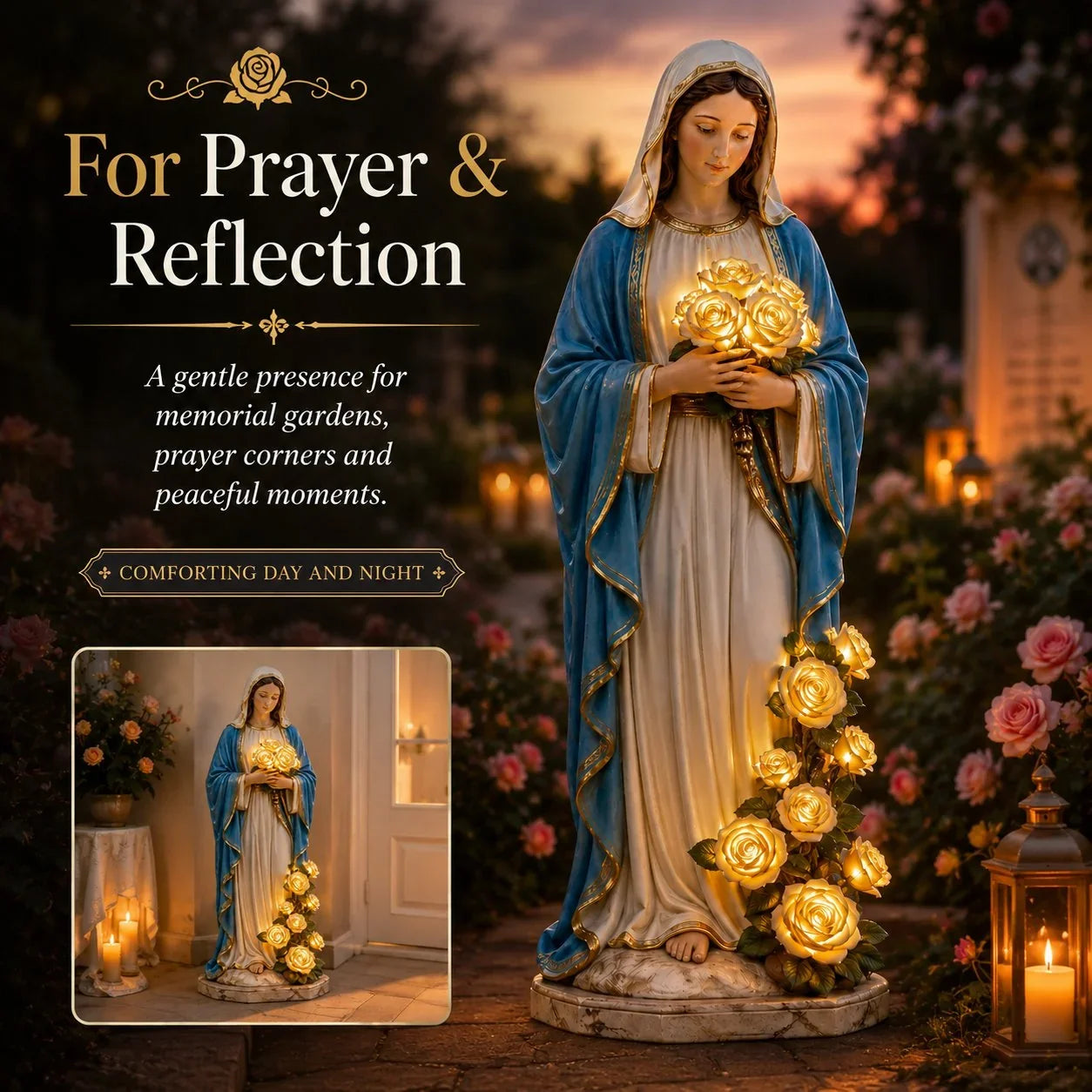 Solar Virgin Mary Garden Light with Glowing Rose Accents