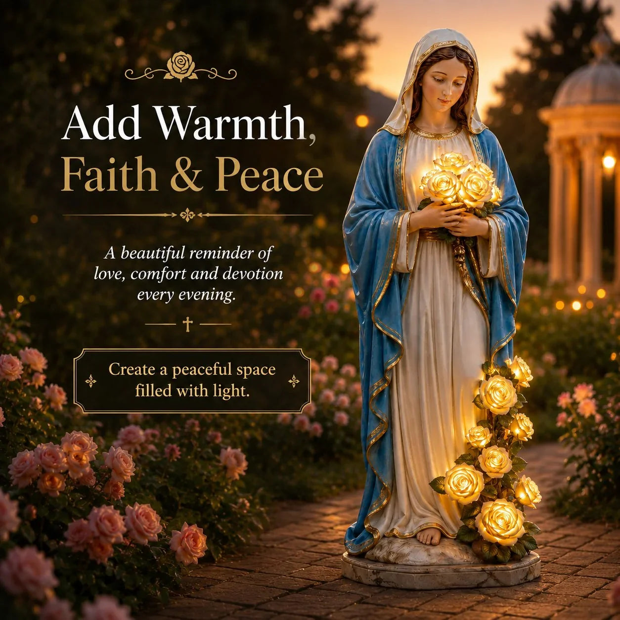 Solar Virgin Mary Garden Light with Glowing Rose Accents