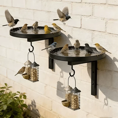 Antique-Bronze Metal Bird Bath with a Wall-Mounted Design