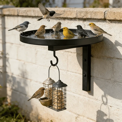 Antique-Bronze Metal Bird Bath with a Wall-Mounted Design