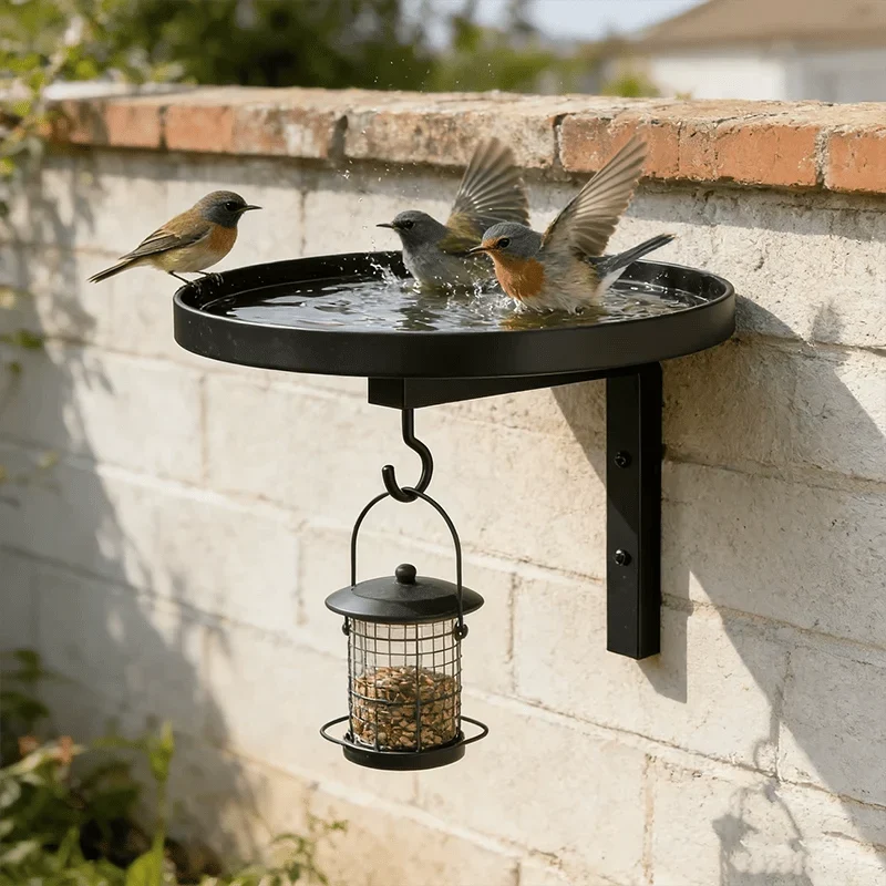 Antique-Bronze Metal Bird Bath with a Wall-Mounted Design