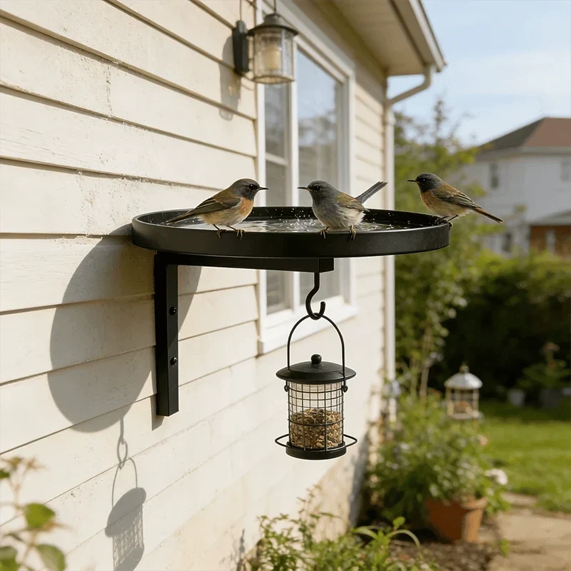 Antique-Bronze Metal Bird Bath with a Wall-Mounted Design