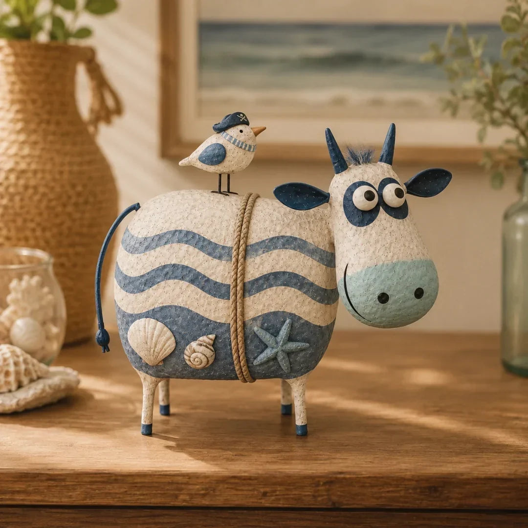 Purpose-Built Whimsical Cow & Bird Folk Art Figurine – Rustic