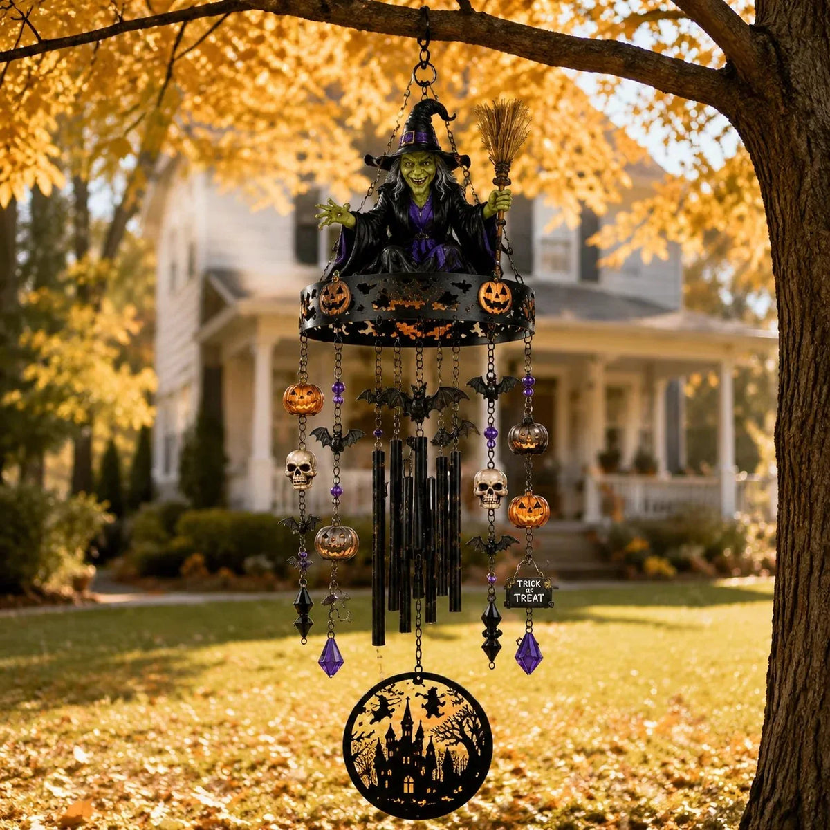 Handmade Witch-Themed Wind Chime for Outdoor Display