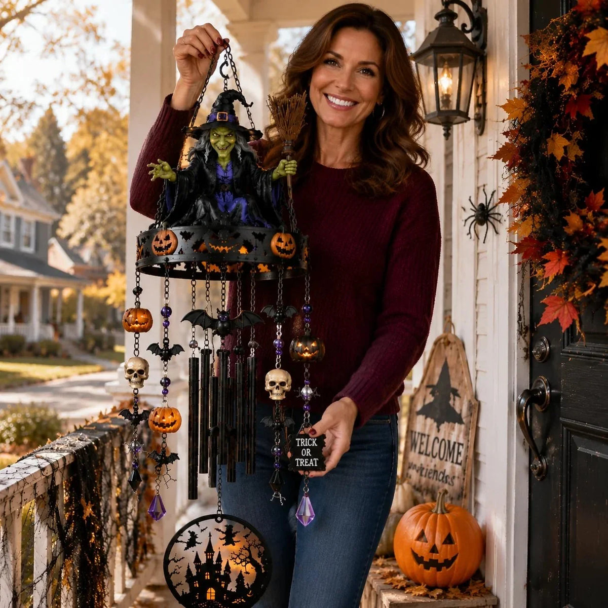 Handmade Witch-Themed Wind Chime for Outdoor Display