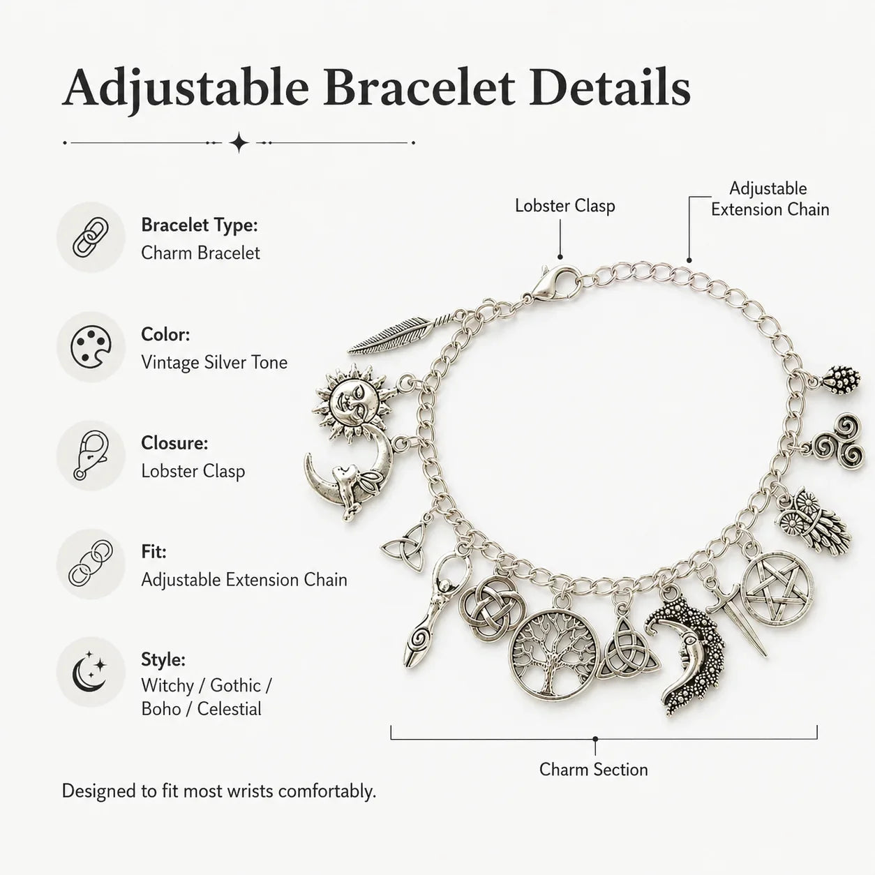 Distinctive Vintage Witchy Charm Bracelet for Everyday Wear