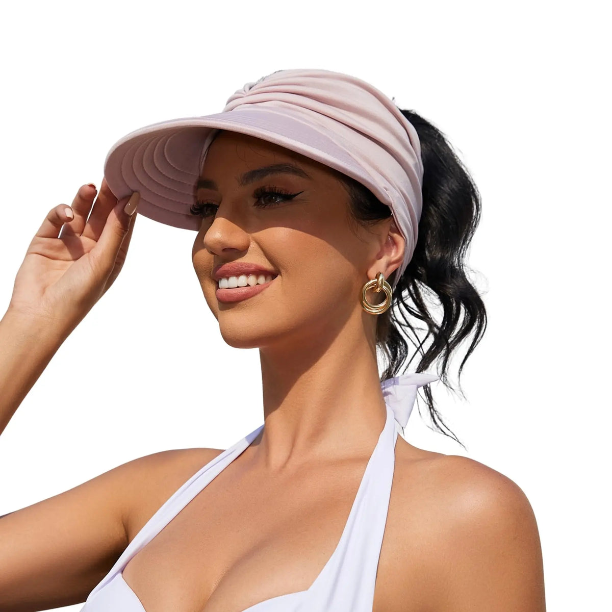 UPF 50+ Wide-Brim Sun Visor Hat with Ponytail Opening